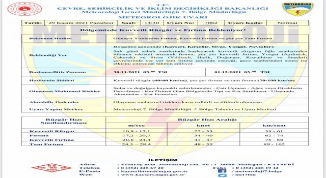 Kayseri’de Kuvvetli Rüzgâr ve Fırtına Uyarısı