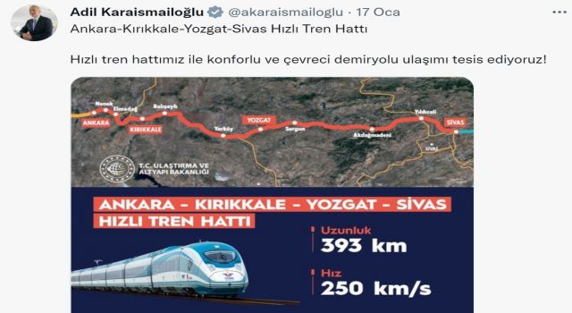 Ulaştırma Bakanı Karaismailoğlu’ndan hızlı tren paylaşımı