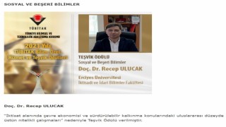 ERÜ’lü Doç. Dr. Recep Ulucak’a, TÜBİTAK’tan Teşvik Ödülü